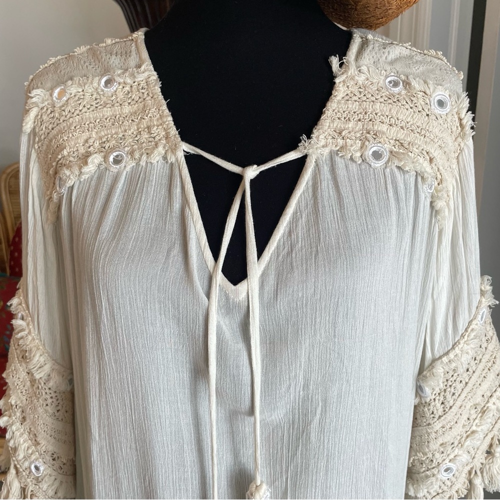 RAGA Bohemian Cream Bell Sleeve Pullover FringeTunic! Swim Coverup NWT.  Large - Picture 3 of 14